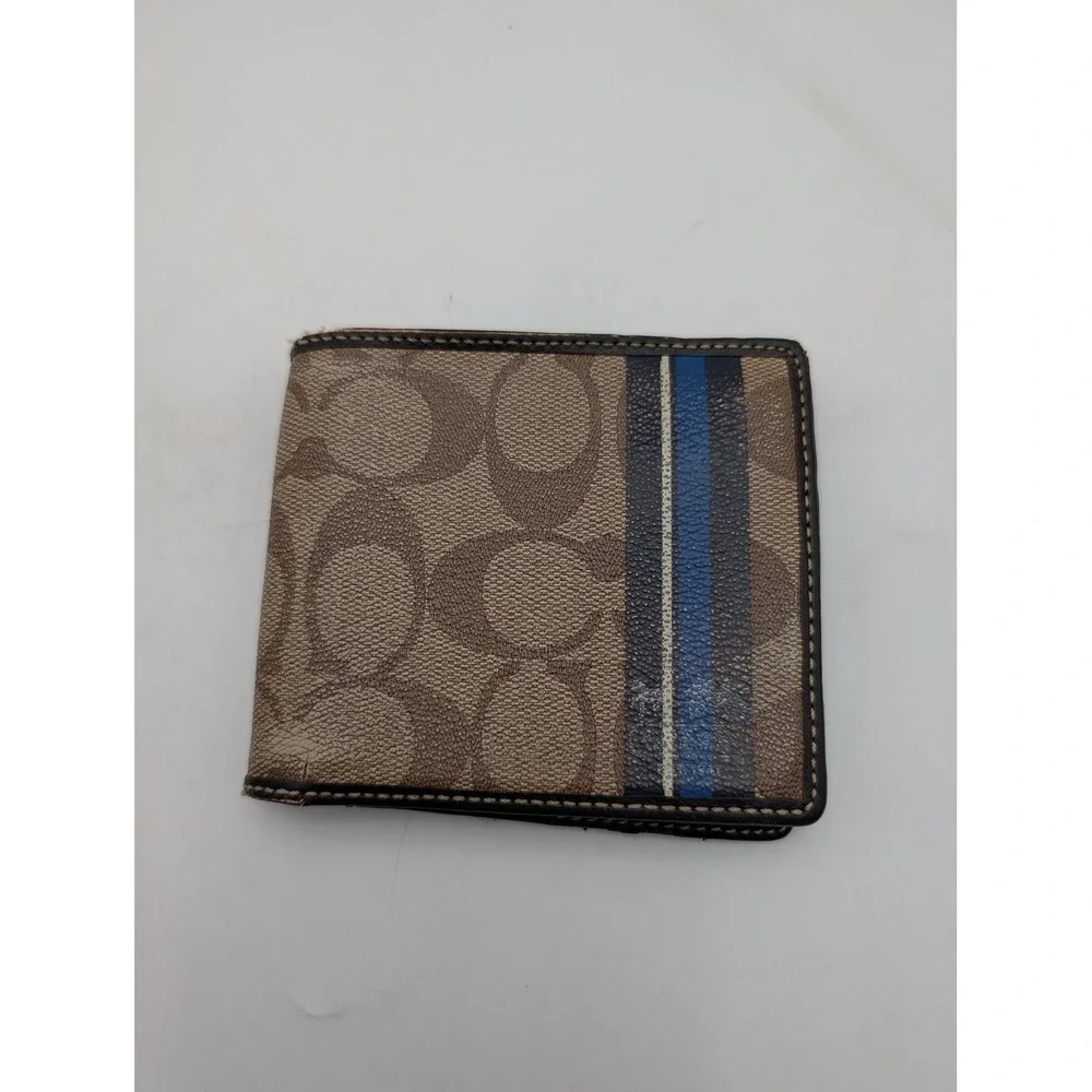 Coach Wallet Mens Brown Canvas Leather Bifold Signature Stripe Logo Card Holder
